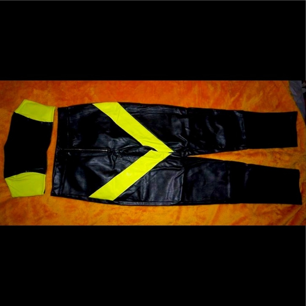 2PC Black/Neon Green Leather Crop Top/Pants